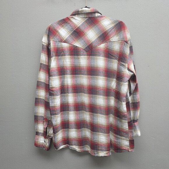 BTC Shirt Mens Large Tall Plaid Flannel Western Pearl Snap Red Gray Long Sleeve - Picture 4 of 8